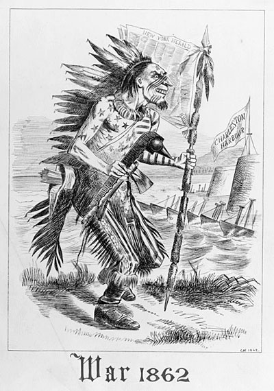 A Civil War cartoon showing James Gordon Bennett as an American Indian embellished with the Stars and Stripes