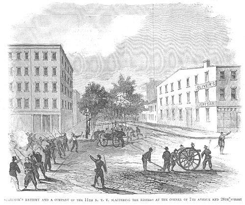 Schiemer's Battery and a Company of the 11th NYV Scattering the Rioters at the Corner of 7th Avenue and 28th Street