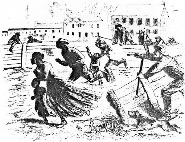 Rioters chasing negro women and children through the vacant lots in Lexington Avenue